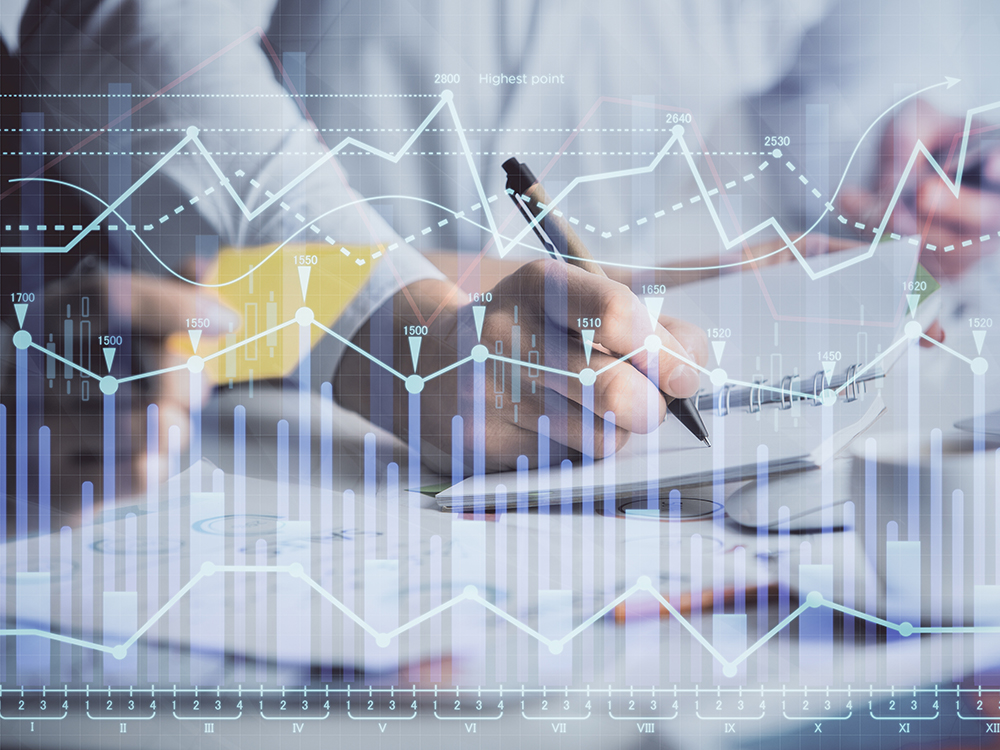 Double exposure of forex graph drawing over people taking notes background. Concept of financial analysis